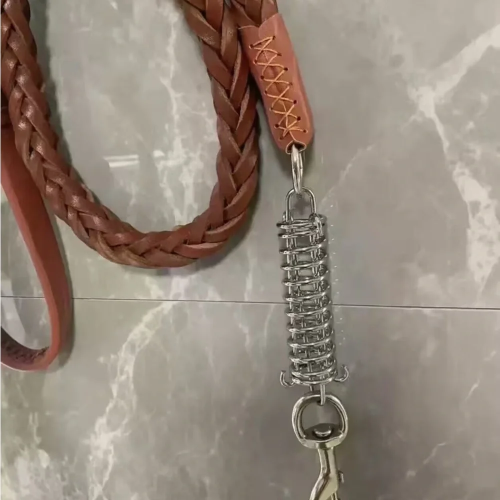 Braided Brown Leather Dog Leash and Collar Set - Brown